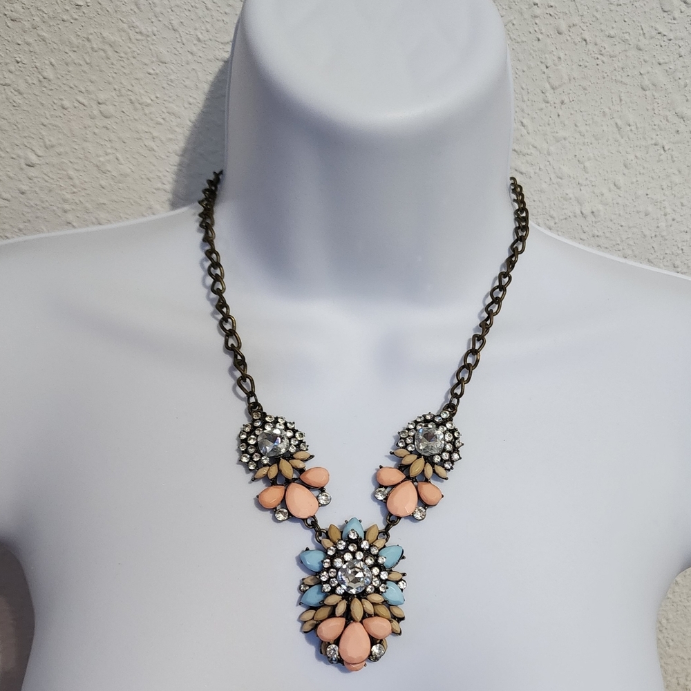 Vintage Necklace Floral Design with Peach, Clear and Blue Rhinestones